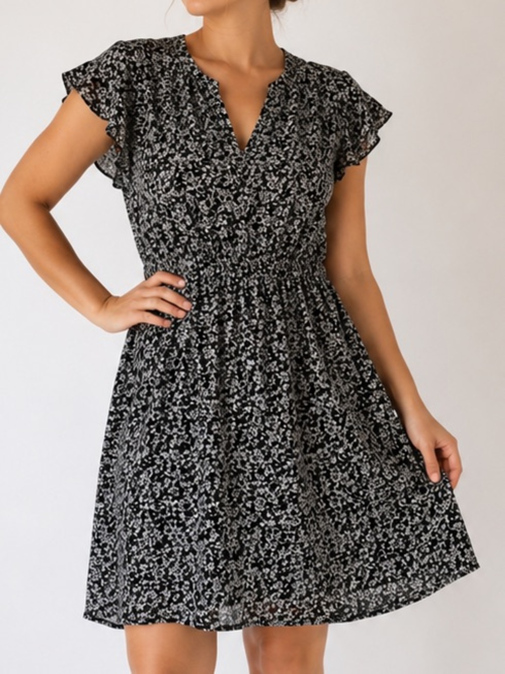 Black Floral V-Neck Mini Dress with Flutter Sleeves